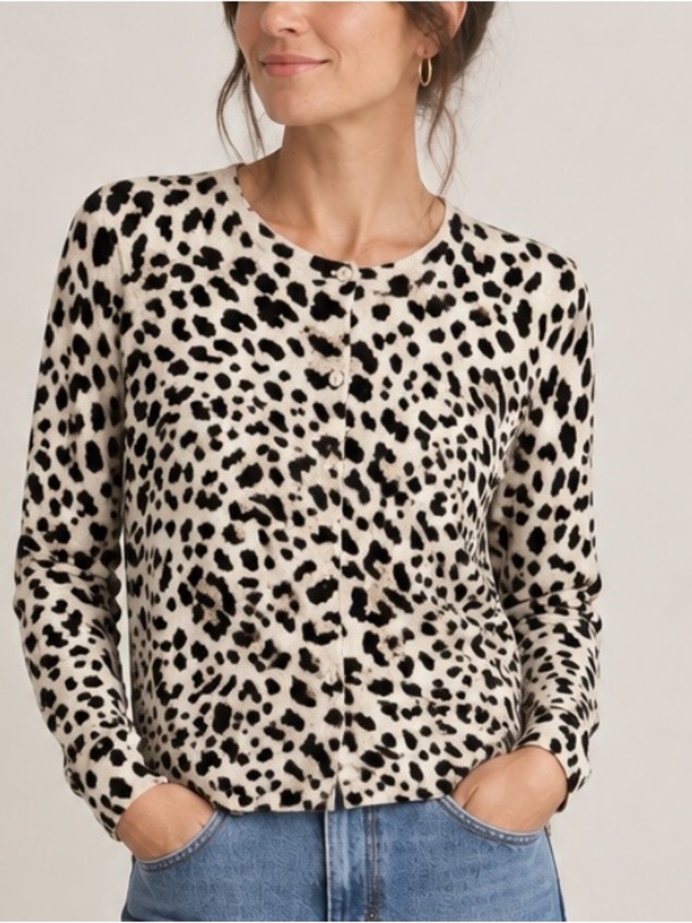 LOFT Cream & Black Leopard Print Crewneck Cardigan Small